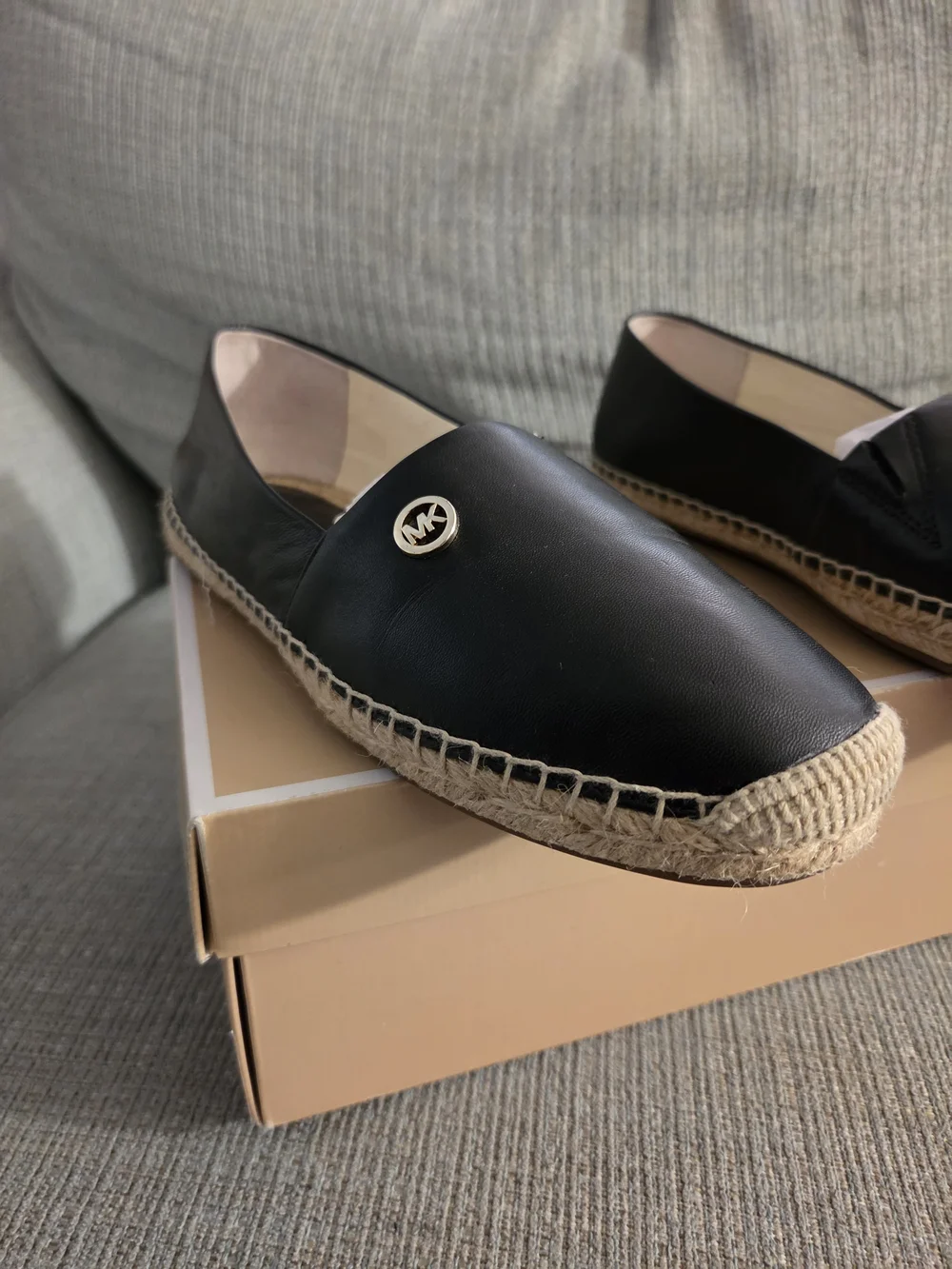 Michael Kors Black Espadrille Slip-On with Tan Jute Sole and Gold MK Charm